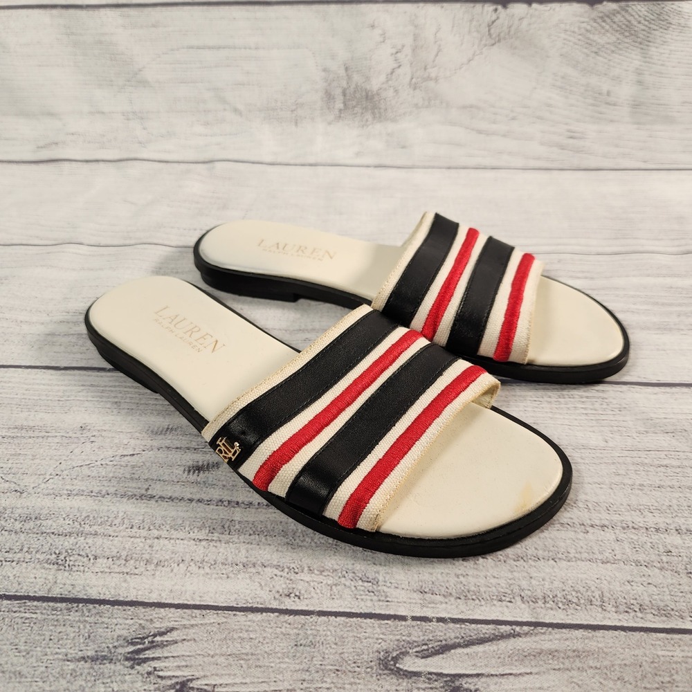 Lauren Ralph Lauren Natania Striped Leather Slide Sandals White Black Red 6.5B